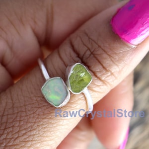 Raw Peridot Ring, Raw Opal Ring, Healing Crystal Raw Ring, Sterling Silver Ring, Women Silver Ring, Double Stone Ring, Opal Adjustable Ring