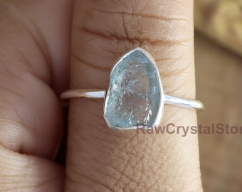 Raw Aquamarine Ring: Sterling Silver Uncut Crystal, Minimalist Band