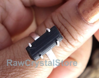 Raw Black Tourmaline Ring, 925 Sterling Silver, Natural Stone