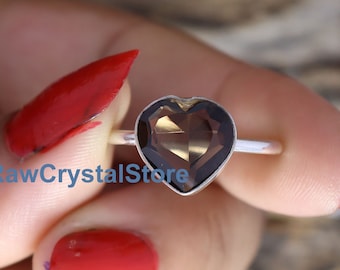 Heart Ring, Smoky Quartz Ring, Smoky Heart Ring, 925 Silver Ring, Valentines Gift Ring, Dainty Ring, Girls Promise Ring, Girlfriend Gift