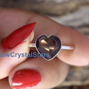 Smoky Quartz Heart Ring: 925 Sterling Silver Dainty Promise Ring