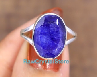 Handmade Raw Blue Sapphire Ring, 925 Sterling Silver, Birthstone