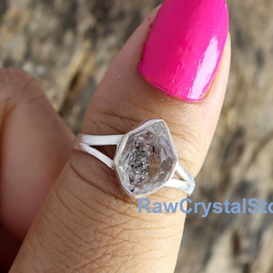 Herkimer Diamond Ring, Sterling Silver Ring, Natural Raw Herkimer Diamond Ring, Raw Diamond Ring, Thick Band Silver, Healing Crystal Ring