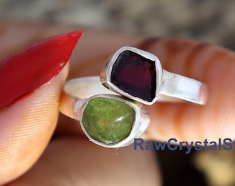 Raw Peridot Ring, Raw Garnet Ring, Healing Crystal Raw Ring, 925 Silver Ring, Garnet with Peridot Double Stone Ring, Adjustable Ring for her