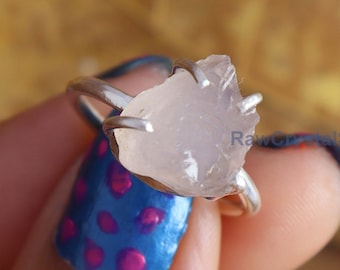 Raw Rose Quartz Ring, 925 Sterling Silver, Uncut Gemstone Band