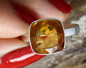 Anillo de cuarzo citrino hecho a mano: engaste de bisel de plata de ley 925