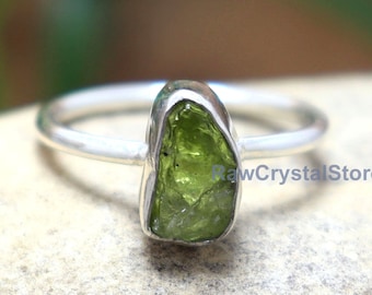 Raw Peridot Ring, 925 Sterling Silver, Boho Promise Ring