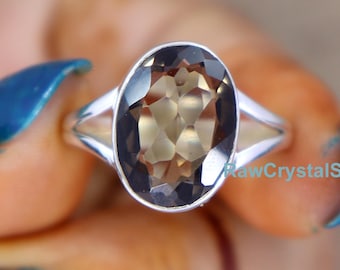 Oval Smoky Quartz Ring, Sterling Silver Band, Handmade Anniversary Gift