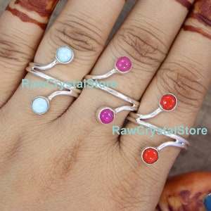 Genuine Larimar Ring, Pink Agate Ring, Red Coral Ring, Natural Carnelian Ring, 925 Sterling Silver Ring, Two Stone Ring, Double Stone Ring