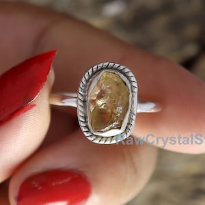Raw Citrine Ring, Natural Citrine Silver Ring, Sterling Silver Ring, Healing Crystal Raw Stone Ring, Rings for Women, Uncut Gemstone Ring