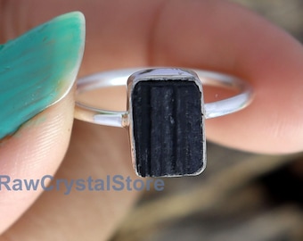 Black Tourmaline Ring, Natural Tourmaline Rough Ring, Raw Stone Ring, Sterling Silver Ring, Raw Tourmaline Ring, Genuine Tourmaline Ring