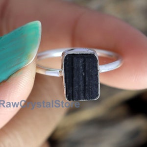 Black Tourmaline Ring, Natural Tourmaline Rough Ring, Raw Stone Ring, Sterling Silver Ring, Raw Tourmaline Ring, Genuine Tourmaline Ring