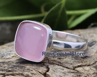 Rose Quartz Ring, 925 Sterling Silver, 10mm Cushion Gemstone