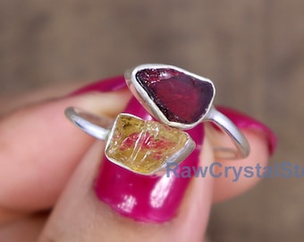 Raw Garnet & Citrine Ring: Sterling Silver Adjustable Double Stone Ring
