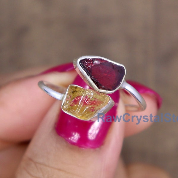 Raw Garnet Ring, Raw Citrine Ring, Healing Crystal Raw Ring, Sterling Silver Ring, Silver Adjustable Ring, Double Stone Ring, Raw Stone Ring