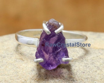 Bague en améthyste brute, bague en argent améthyste, bague en pierre de cristal de guérison, bague en argent 925, bague minimaliste en pierre précieuse violette, bague femme en pierre de naissance