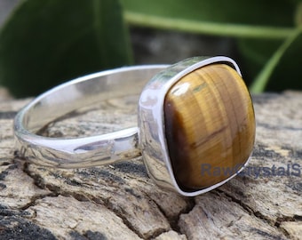 Cushion Cut Tiger Eye 925 Sterling Silver Ring, Handmade