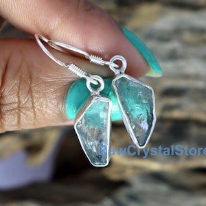 Natural Raw Aquamarine Earrings, Sterling Silver Dangle, Rough Healing Crystal Earrings