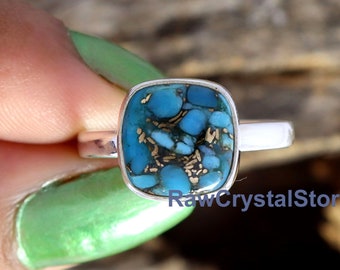 Blue Copper Turquoise Cushion Ring, Sterling Silver Handmade Ring