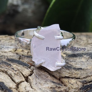 Raw Rose Quartz Ring: 925 Sterling Silver, Uncut Crystal Wedding Ring