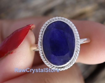 Raw Blue Sapphire Ring: Sterling Silver Bohemian Birthstone Ring