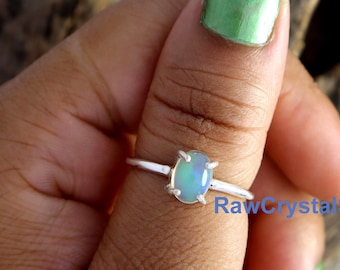 Ethiopian Opal Ring, 925 Sterling Silver, Handmade Solitaire Midi Ring