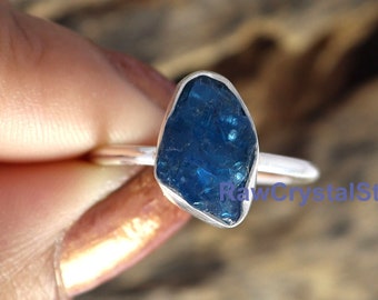 Raw Neon Apatite Sterling Silver Ring, Uncut Crystal Stone