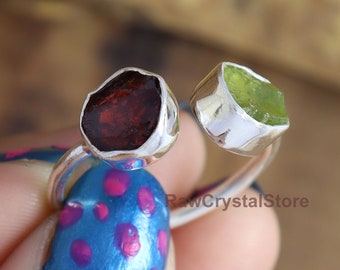 Raw Peridot Garnet Ring, Sterling Silver Adjustable Two Stone Ring