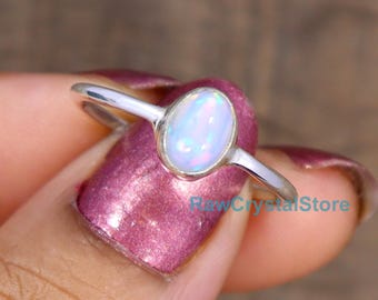 Natural Ethiopian Opal Ring, 925 Sterling Silver, Handmade Birthstone Midi Ring