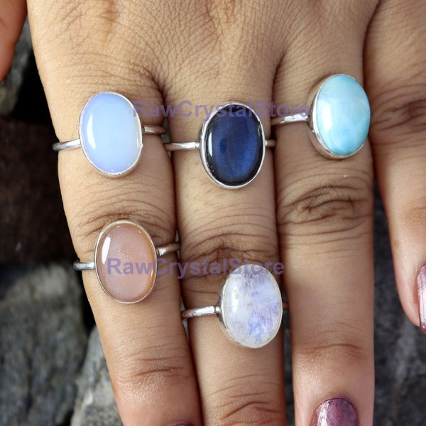 Larimar Ring, Natural Larimar Silver Ring, Moonstone Ring, 925 Silver Ring, Combo Discount Sale, Peach Moonstone Ring, Labradorite Ring