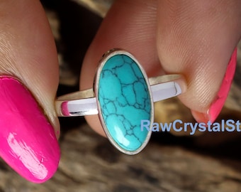 Handmade Sterling Silver Turquoise Ring: Oval Gemstone, Dainty Promise Ring