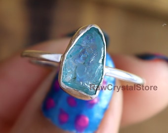 Raw Blue Apatite Ring: Sterling Silver Healing Crystal Midi Ring