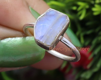 Raw Moonstone Ring, Sterling Silver Bohemian Ring, Uncut Gemstone