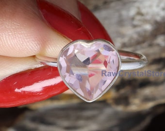 Pink Quartz Heart Ring, Sterling Silver Band, Promise Ring