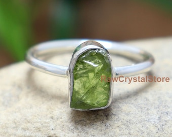 Raw Peridot Ring, 925 Sterling Silver, Boho Promise Ring