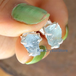 Raw Aquamarine Stud Earrings, 925 Sterling Silver, Healing Crystals