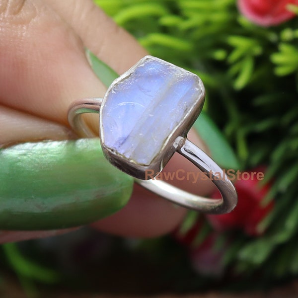 Raw Moonstone Ring, Silver Ring, Rainbow Moonstone Ring, Raw Uncut Gemstone Ring, Bohemian Ring, Ring for Women, One Of Kind Ring, Midi Ring