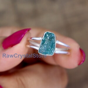 Raw Blue Apatite Ring: Sterling Silver Bezel, Double Band