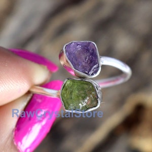 Raw Peridot Ring, Raw Amethyst Ring, Healing Crystal Raw Ring, 925 Silver Ring, Adjustable Silver Ring, Double Stone Ring, Adjustable Ring