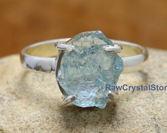 Raw Aquamarine Ring, Aquamarine Rough Ring, Boho Rings for Women, 925 Silver Ring, Aquamarine Silver Ring, Healing Crystal Raw Stone Ring