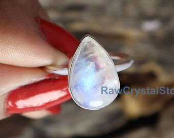 Pear Moonstone Ring, Bezel Set Boho 925 Sterling Silver