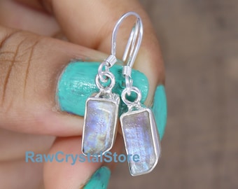 Raw Rainbow Moonstone Earrings: Sterling Silver Dangle Earrings