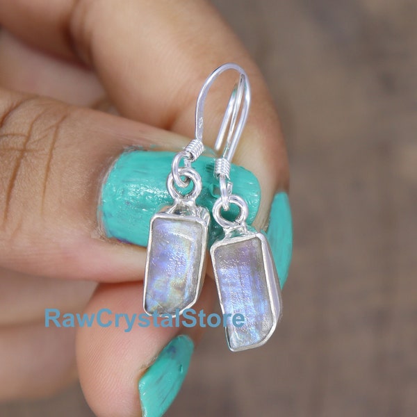 Raw Moonstone Earrings, Rainbow Moonstone Earrings, 925 Sterling Silver Earrings, Rough Moonstone Wire Dangle Earrings, Real Silver Earrings