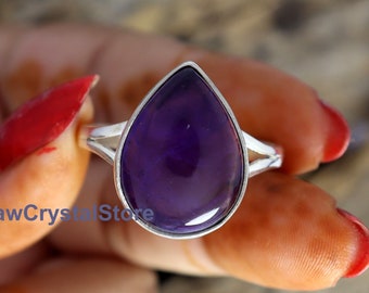 Amethyst Ring, Big Size Amethyst Ring, 925 Sterling Silver Ring, Large Amethyst Ring, Birthstone Ring, Pear Gemstone Ring, Statement Ring