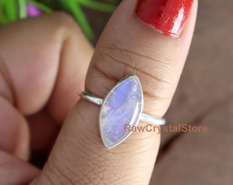 Marquise Rainbow Moonstone Ring: Blue Flash Sterling Silver Promise Ring