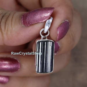 Natural Black Tourmaline Pendant: 925 Sterling Silver Pendant, Rough Uncut Raw Crystal Charm Pendant Necklace, Healing Adjustable Necklace