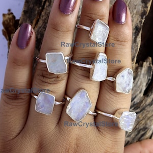 Raw Moonstone Ring, Rainbow Moonstone Ring Silver, Raw Uncut Gemstone Ring, Birthstone Ring for Women, Bohemian Ring, Bezel Ring, Midi Ring