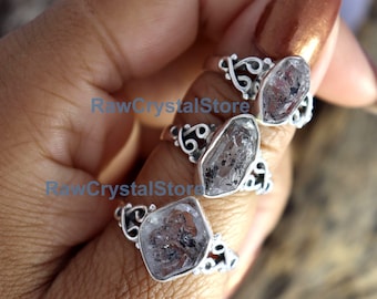 Raw Herkimer Diamond Ring, 925 Sterling Silver, Healing Crystal