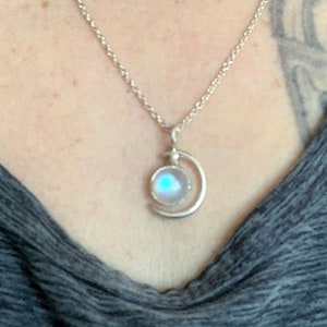 Moonstone Necklace, Silver Half Moon Pendant, Sterling Silver Chain, Half Moon Necklace, Blue Rainbow Moonstone Adjustable Necklace 20 inch