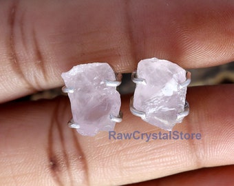 Raw Rose Quartz Stud Earrings, 925 Sterling Silver, Healing Crystal